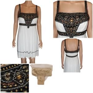 Sue Wong Nocturne Beaded Silk Chiffon Dress Size 8  Ivory Bronze Y2K Gatsby